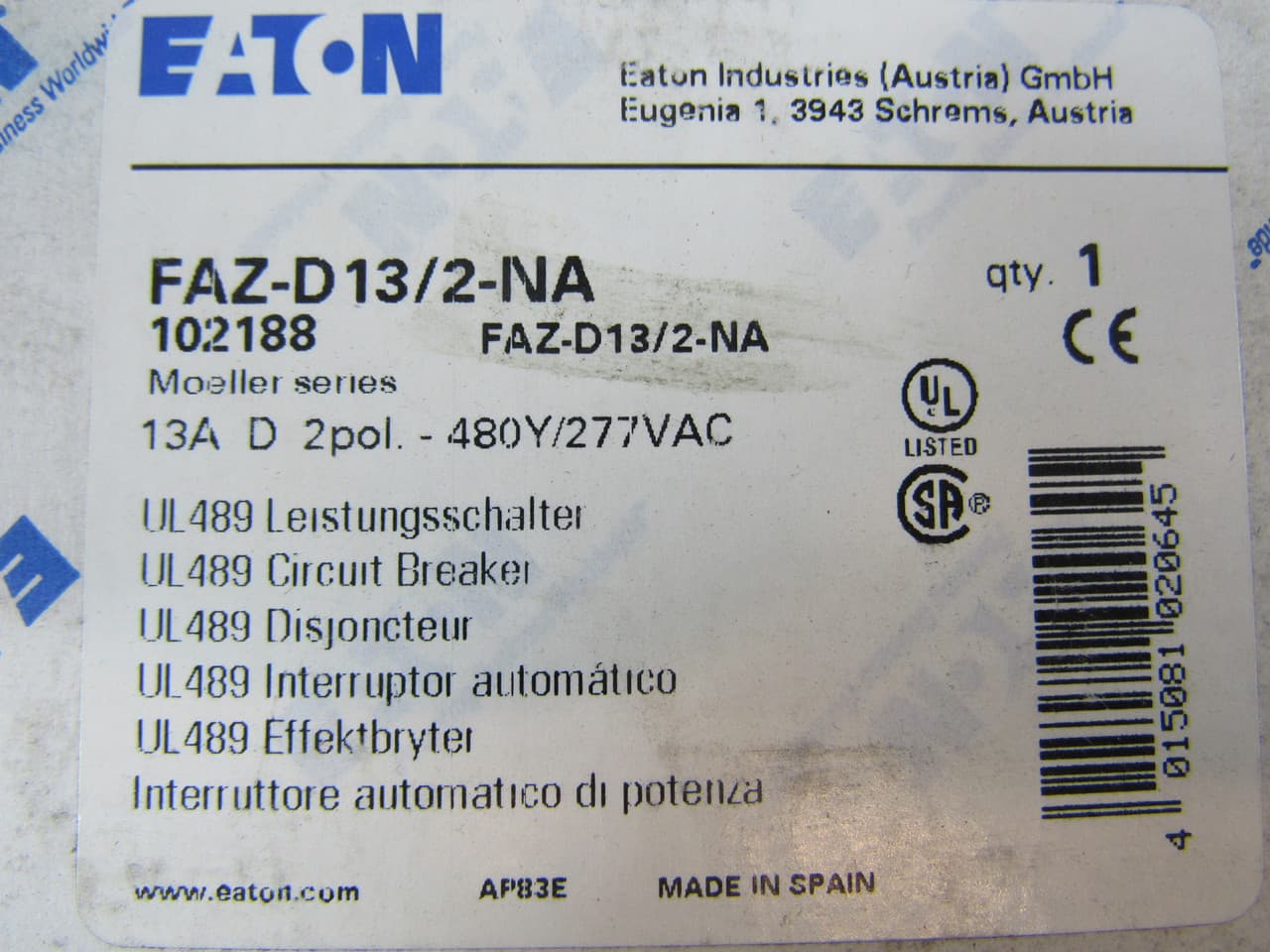 Eaton FAZ-D13/2-NA 277/480 VAC 50/60 Hz, 13 A, 2-Pole, 10/14 kA, 10 to 20 x Rated Current, Screw Terminal, DIN Rail Mount, Standard Packaging, D-Curve, Current Limiting, Thermal Magnetic Eaton FAZ-D13/2-NA 277/480 VAC 50/60 Hz, 13 A, 2-Pole, 10/14 kA, 10 to 20 x Rated Current, Screw Terminal, DIN Rail Mount, Standard Packaging, D-Curve, Current Limiting, Thermal Magnetic