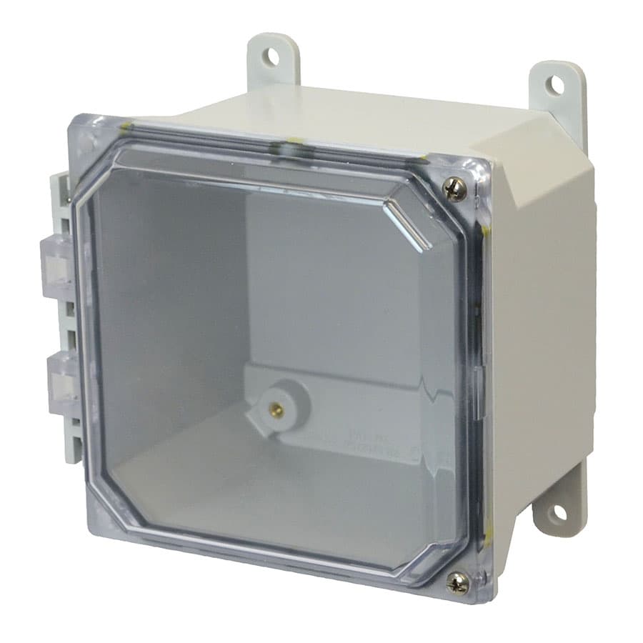 Allied Moulded Products AMU664CCH 6"x6"x4" ULTRALINE® fiberglass wall mount enclosure assembly with 2-screw hinged clear cover Allied Moulded Products AMU664CCH 6"x6"x4" ULTRALINE® fiberglass wall mount enclosure assembly with 2-screw hinged clear cover