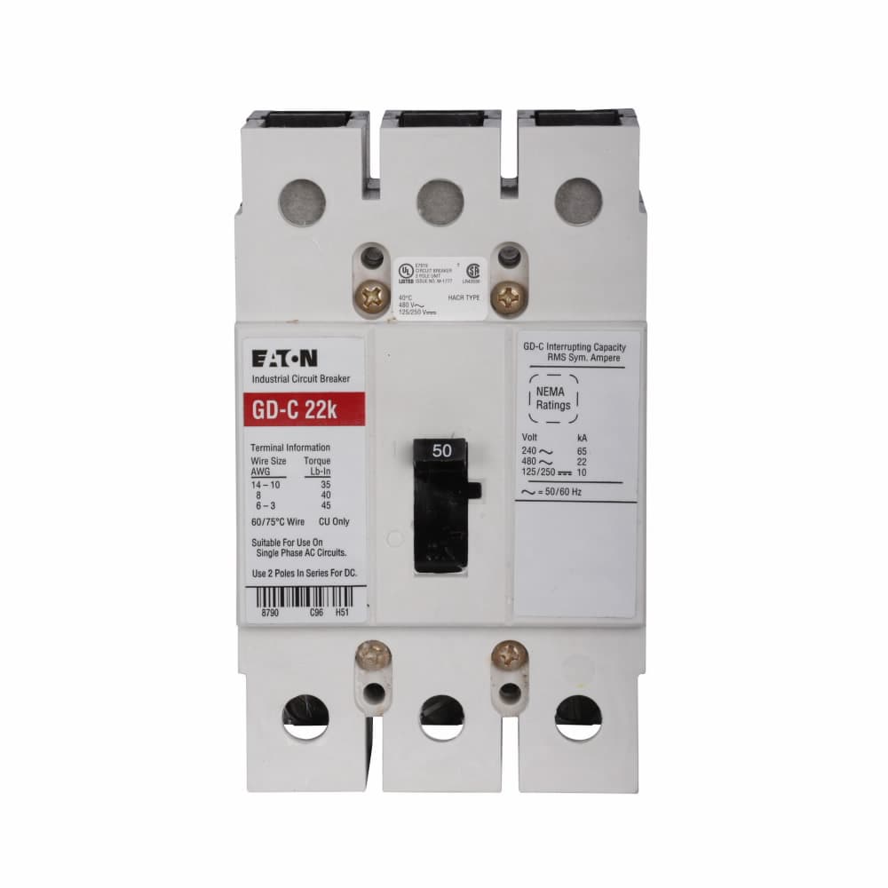 Eaton GD3050C GD3050C Eaton - Eaton Series C complete molded case circuit breaker, G-frame, GD, Complete breaker, Fixed thermal, fixed magnetic trip type, Three-pole, 50A, 480 Vac, 125/250 Vdc, 65 kAIC at 240 Vac, 14 kAIC at 480 Vac, Copper, 50/60 Hz Eaton GD3050C GD3050C Eaton - Eaton Series C complete molded case circuit breaker, G-frame, GD, Complete breaker, Fixed thermal, fixed magnetic trip type, Three-pole, 50A, 480 Vac, 125/250 Vdc, 65 kAIC at 240 Vac, 14 kAIC at 480 Vac, Copper, 50/60 Hz