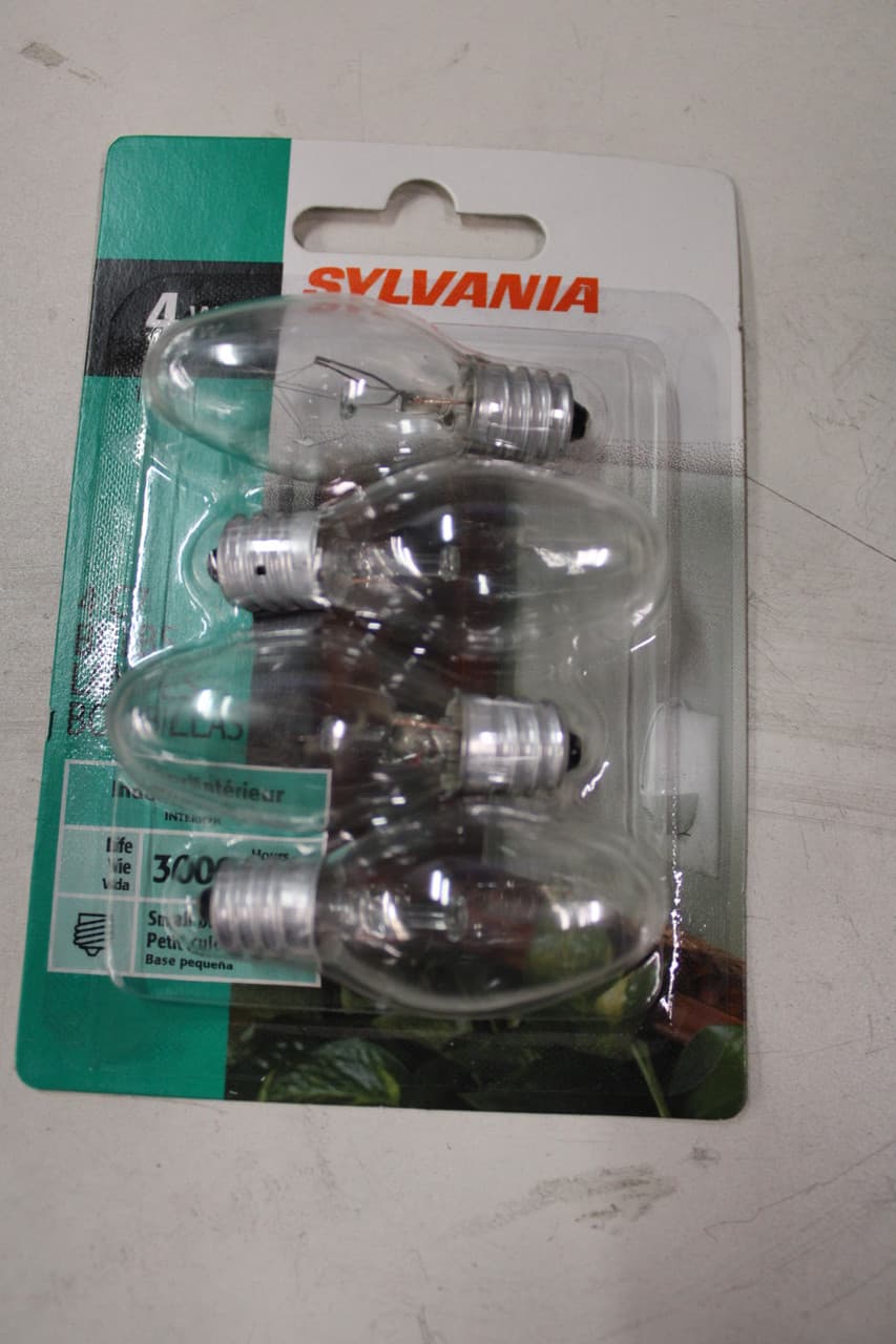 Sylvania 4C7/BL/4PK 0.875" x 2.125", 4 W, 120 V, 15 Lumen, 2850 K, 100 CRI, 3000 Hr Life, Clear, C9 Filament, Candelabra Base, C7, Decorative Sylvania 4C7/BL/4PK 0.875" x 2.125", 4 W, 120 V, 15 Lumen, 2850 K, 100 CRI, 3000 Hr Life, Clear, C9 Filament, Candelabra Base, C7, Decorative
