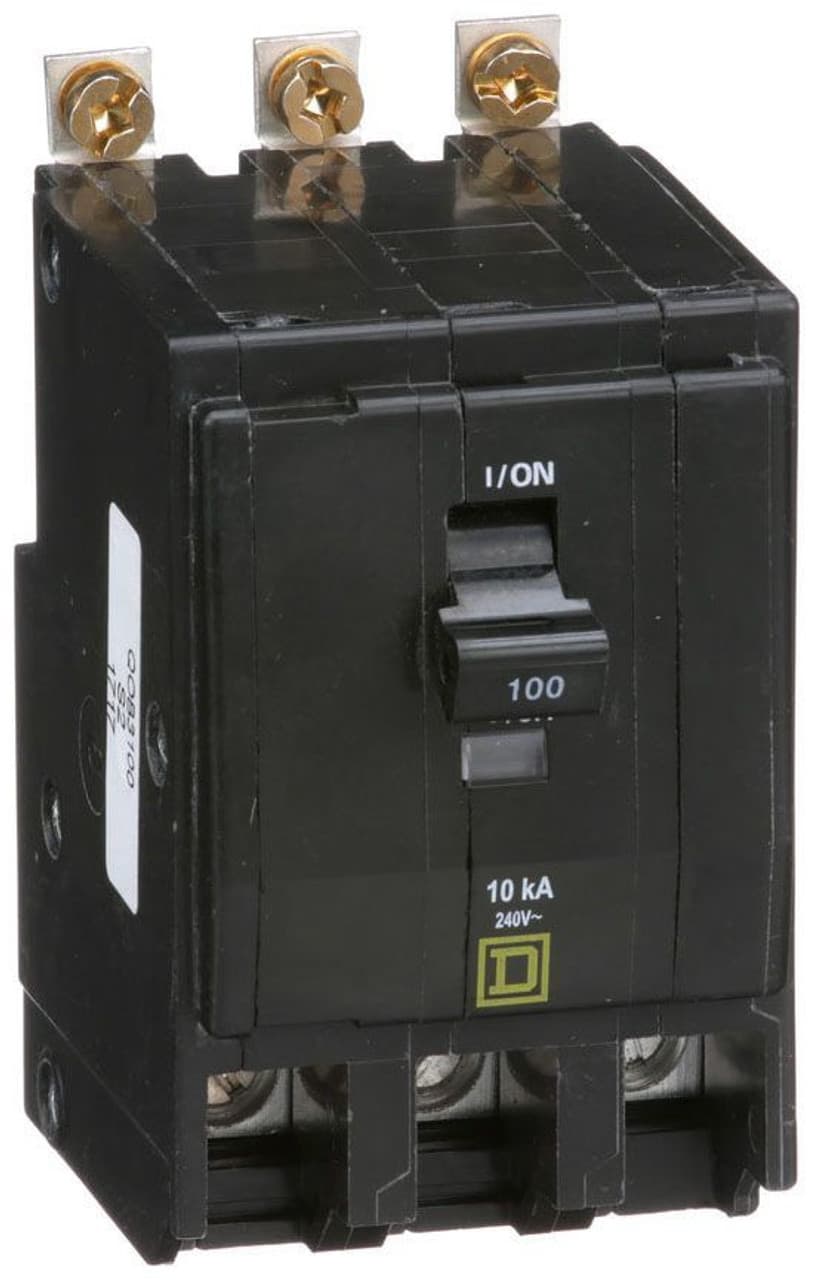 Schneider Electric QOB3100 Square D by Schneider Electric QOB3100 is a Miniature Circuit Breaker (MCB) designed for bolt-on mounting. It features a rated current of 100A and a bolt-on connection type. This MCB operates at a rated voltage of 120V to 240V AC and can accommodate a wire cross-section of 4-2/0AWG for one aluminum or copper cable. It is a 3-pole device with a short circuit breaking rating of 10kA at 240Vac and 5kA at 48Vdc. The terminals are box lugs, facilitating secure and reliable connections. Schneider Electric QOB3100 Square D by Schneider Electric QOB3100 is a Miniature Circuit Breaker (MCB) designed for bolt-on mounting. It features a rated current of 100A and a bolt-on connection type. This MCB operates at a rated voltage of 120V to 240V AC and can accommodate a wire cross-section of 4-2/0AWG for one aluminum or copper cable. It is a 3-pole device with a short circuit breaking rating of 10kA at 240Vac and 5kA at 48Vdc. The terminals are box lugs, facilitating secure and reliable connections.