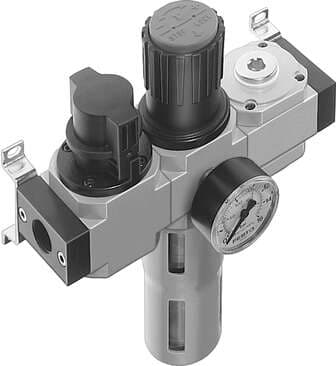Festo 192455 service unit LFR-1/2-D-DI-MAXI-KB-A consisting of manual on/off valve, filter regulator and distributor module, with mounting brackets. With automatic condensate drain. Size: Maxi, Series: D, Actuator lock: Rotary knob with lock, Assembly position: Vertic Festo 192455 service unit LFR-1/2-D-DI-MAXI-KB-A consisting of manual on/off valve, filter regulator and distributor module, with mounting brackets. With automatic condensate drain. Size: Maxi, Series: D, Actuator lock: Rotary knob with lock, Assembly position: Vertic