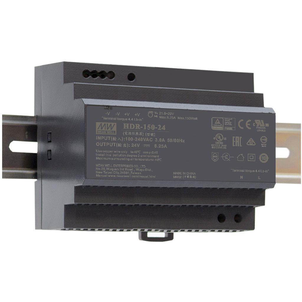 MEAN WELL HDR-150-15 AC-DC Ultra slim DIN rail power supply; Input range 85-264VAC; Output 15VDC at 9.5A MEAN WELL HDR-150-15 AC-DC Ultra slim DIN rail power supply; Input range 85-264VAC; Output 15VDC at 9.5A