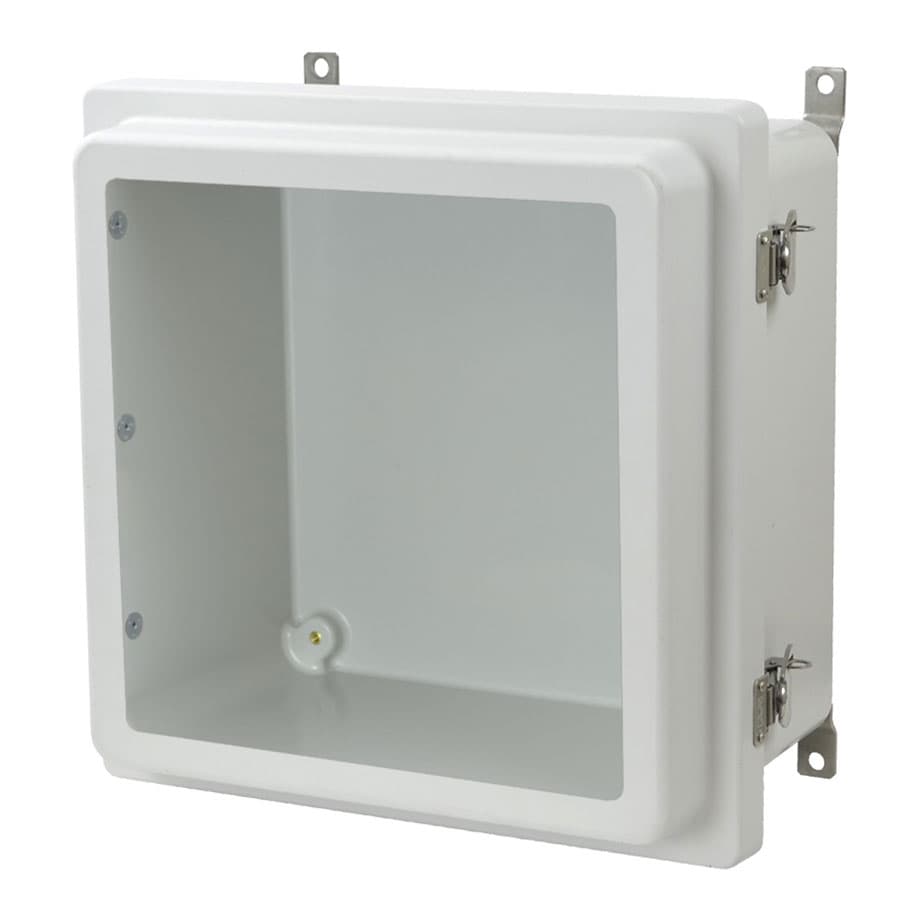 Allied Moulded Products AM1226RTW 12"x12"x6" AM-R Series fiberglass wall mount enclosure assembly with raised hinged window cover and stainless-steel twist latch Allied Moulded Products AM1226RTW 12"x12"x6" AM-R Series fiberglass wall mount enclosure assembly with raised hinged window cover and stainless-steel twist latch
