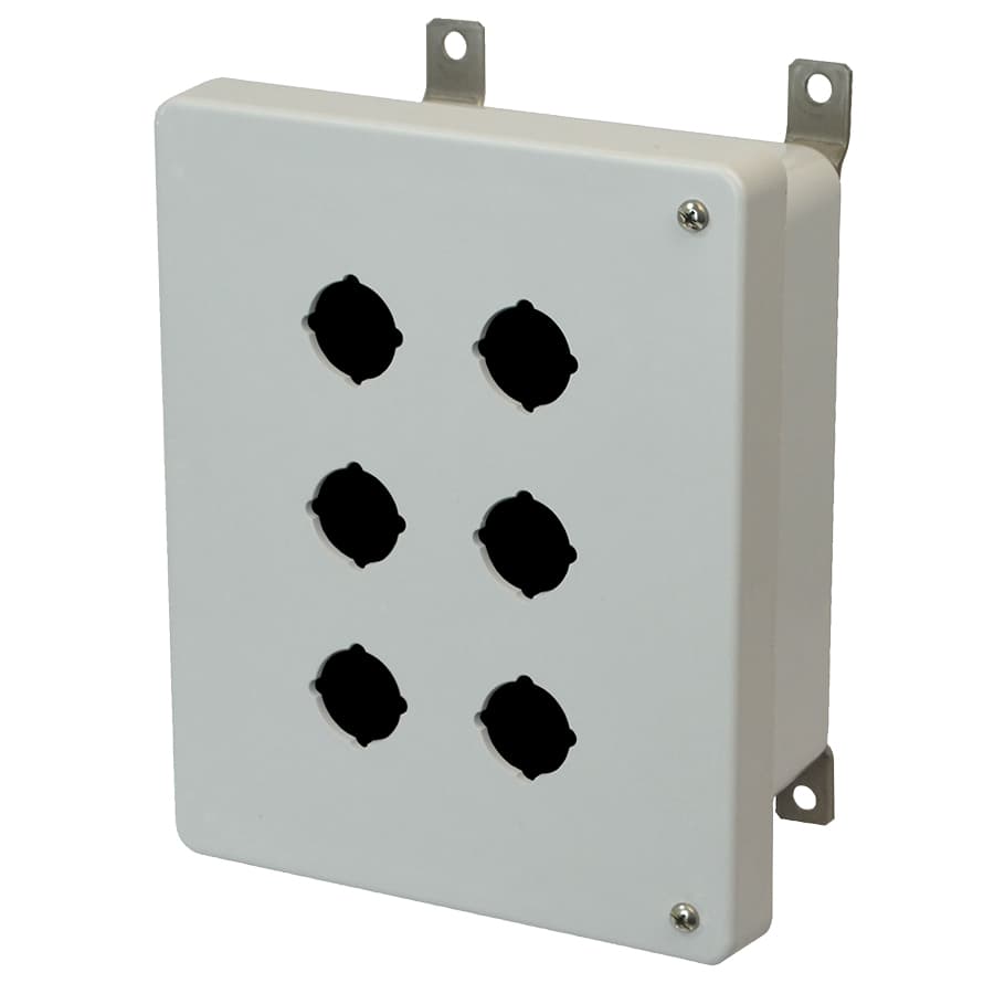 Allied Moulded Products AM864HP6 8"x6"x4" AM Series fiberglass wall mount enclosure assembly with 2-screw hinged cover and 6 pushbutton holes Allied Moulded Products AM864HP6 8"x6"x4" AM Series fiberglass wall mount enclosure assembly with 2-screw hinged cover and 6 pushbutton holes