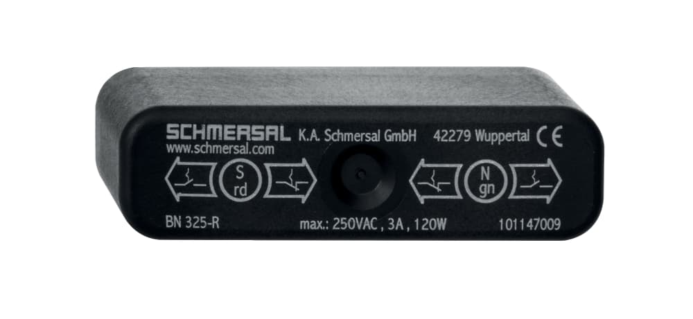 Schmersal BN 325-RG-1279 Magnetic reed switch; Cable output left and 2 shielding plates; Actuation from front; Non-contact principle; 1 Reed contakts; Long life; Actuating surface and direction of actuation marked by switch symbol; 85 mm x 26 mm x 24 mm; Thermoplastic enclosure; Schmersal BN 325-RG-1279 Magnetic reed switch; Cable output left and 2 shielding plates; Actuation from front; Non-contact principle; 1 Reed contakts; Long life; Actuating surface and direction of actuation marked by switch symbol; 85 mm x 26 mm x 24 mm; Thermoplastic enclosure;