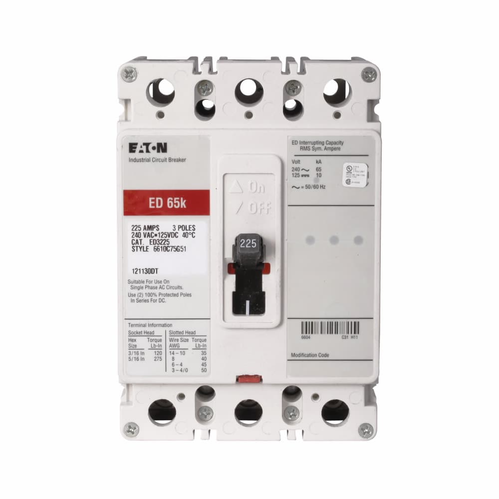 Eaton ED3225S22 Eaton Series C complete molded case circuit breaker, F-frame, ED, Fixed thermal, fixed magnetic trip, Three-pole, 225A, 240 Vac, 125 Vdc, 65 kAIC at 240 Vac, Load side, 48-127 Vac or 48-60 Vdc rear with right pigtail, 50/60 Hz Eaton ED3225S22 Eaton Series C complete molded case circuit breaker, F-frame, ED, Fixed thermal, fixed magnetic trip, Three-pole, 225A, 240 Vac, 125 Vdc, 65 kAIC at 240 Vac, Load side, 48-127 Vac or 48-60 Vdc rear with right pigtail, 50/60 Hz