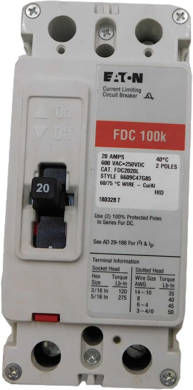 Eaton FDC2020L FDC2020L Eaton - Eaton Series C complete molded case circuit breaker, F-frame, FDC, Complete breaker, Fixed thermal, fixed magnetic trip type, Two-pole, 20A, 600 Vac, 250 Vdc, 200 kAIC at 240 Vac, 100 kAIC at 480 Vac, Line and load, 50/60 Hz Eaton FDC2020L FDC2020L Eaton - Eaton Series C complete molded case circuit breaker, F-frame, FDC, Complete breaker, Fixed thermal, fixed magnetic trip type, Two-pole, 20A, 600 Vac, 250 Vdc, 200 kAIC at 240 Vac, 100 kAIC at 480 Vac, Line and load, 50/60 Hz
