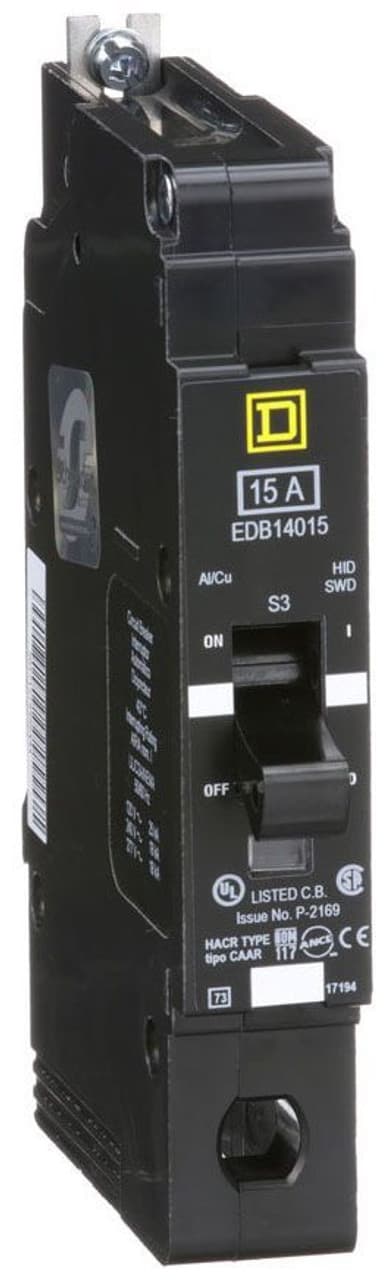 Schneider Electric EDB14015 Square D by Schneider Electric EDB14015 is a Miniature Circuit Breaker (MCB) designed for bolt-on mounting with a visual trip indicator. It features lugs type terminals and an aluminium lugs connection. This MCB operates at a rated voltage of 277 V AC, with a rated current of 15A and is suitable for a single pole configuration. It supports a wire cross-section of 14-6AWG for one copper cable. The EDB14015 offers protection functions against short-circuit and overload conditions, serving as both an Equipment Protection Device (EPD) and a Circuit Breaker (CB) with a breaking capacity code D. It has a short circuit breaking rating of 25kA at 120Vac, 18kA at 240Vac, and 18kA at 277Vac. The thermal-magnetic trip unit has a protection setting with a trip unit rating of 875A. Schneider Electric EDB14015 Square D by Schneider Electric EDB14015 is a Miniature Circuit Breaker (MCB) designed for bolt-on mounting with a visual trip indicator. It features lugs type terminals and an aluminium lugs connection. This MCB operates at a rated voltage of 277 V AC, with a rated current of 15A and is suitable for a single pole configuration. It supports a wire cross-section of 14-6AWG for one copper cable. The EDB14015 offers protection functions against short-circuit and overload conditions, serving as both an Equipment Protection Device (EPD) and a Circuit Breaker (CB) with a breaking capacity code D. It has a short circuit breaking rating of 25kA at 120Vac, 18kA at 240Vac, and 18kA at 277Vac. The thermal-magnetic trip unit has a protection setting with a trip unit rating of 875A.