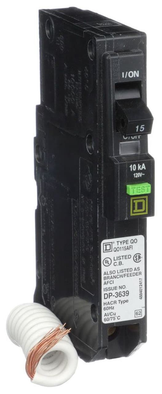 Schneider Electric QO115AFI Square D by Schneider Electric QO115AFI is a miniature circuit breaker (MCB) with an arc-fault circuit interrupter (AFI) function designed for plug-in mounting. It features a rated current of 15A and a plug-in connection type, suitable for use with a single cable of copper (Cu) with a cross-section ranging from 14-8AWG. This device operates at a rated voltage of 120V AC and is equipped with one pole. It has a short circuit breaking rating of 10kA at 120Vac and utilizes press plate type terminals for connections. Schneider Electric QO115AFI Square D by Schneider Electric QO115AFI is a miniature circuit breaker (MCB) with an arc-fault circuit interrupter (AFI) function designed for plug-in mounting. It features a rated current of 15A and a plug-in connection type, suitable for use with a single cable of copper (Cu) with a cross-section ranging from 14-8AWG. This device operates at a rated voltage of 120V AC and is equipped with one pole. It has a short circuit breaking rating of 10kA at 120Vac and utilizes press plate type terminals for connections.