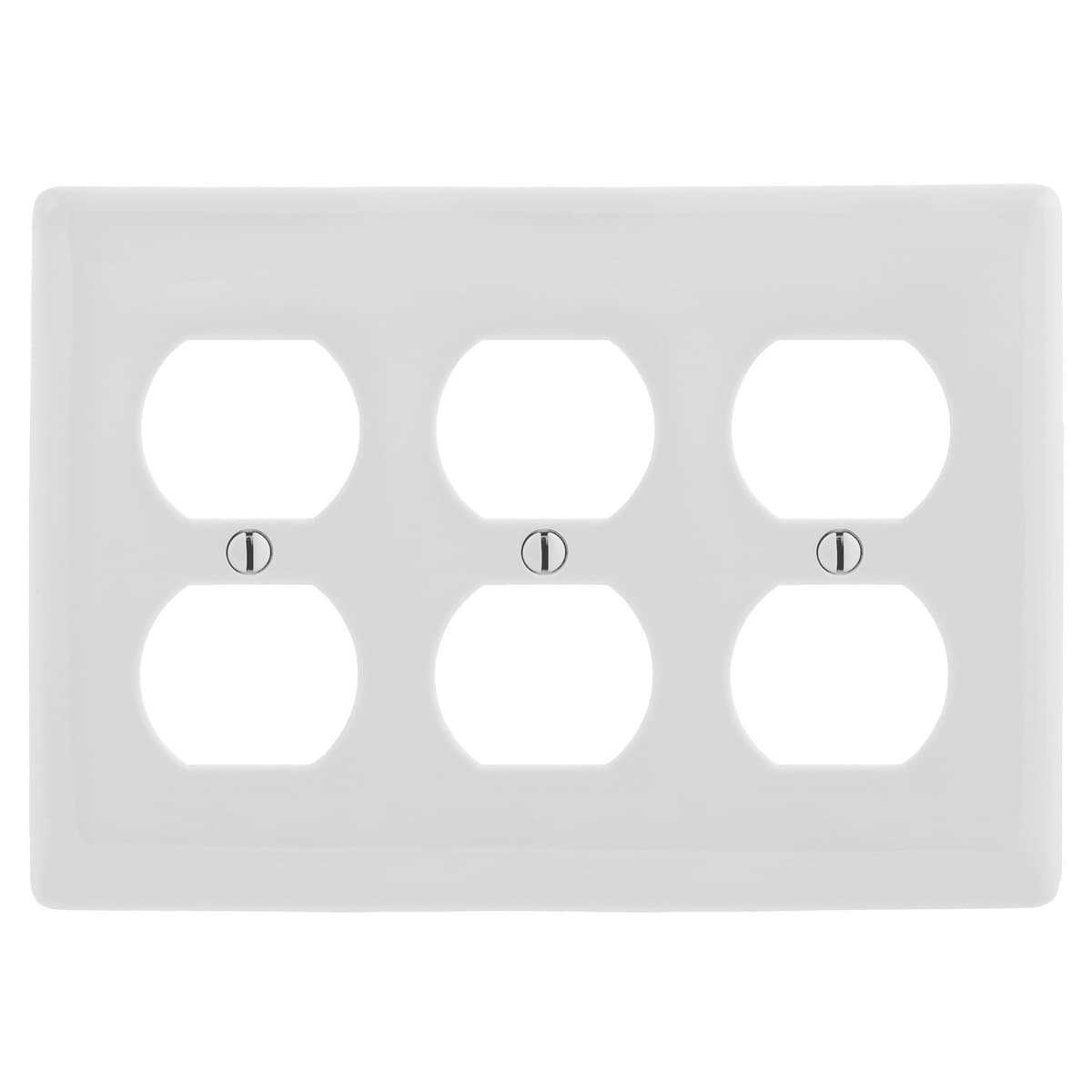 Hubbell NP83W Wallplates and Box Covers, Wallplate, Nylon, 3-Gang, 3) Duplex, White ; Reinforcement ribs for extra strength ; High-impact, self-extinguishing nylon material ; Captive screw feature holds mounting screw in place ; Standard Size is 1/8" larger to give yo Hubbell NP83W Wallplates and Box Covers, Wallplate, Nylon, 3-Gang, 3) Duplex, White ; Reinforcement ribs for extra strength ; High-impact, self-extinguishing nylon material ; Captive screw feature holds mounting screw in place ; Standard Size is 1/8" larger to give yo