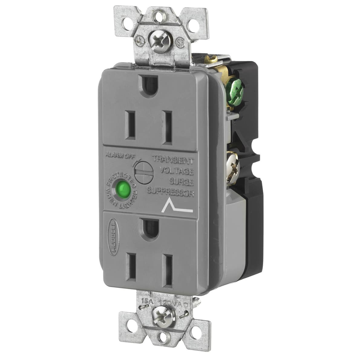 Hubbell HBL5262GYSA TVSS Duplex Receptacle with Light and Alarm, 15A 125V, 5-15R, Gray ; Automatic self-grounding staple ; Distinctive surge symbol provides quick identification ; Power-on indicator light verifies that power is available ; Alert alarm sounds when surge prot Hubbell HBL5262GYSA TVSS Duplex Receptacle with Light and Alarm, 15A 125V, 5-15R, Gray ; Automatic self-grounding staple ; Distinctive surge symbol provides quick identification ; Power-on indicator light verifies that power is available ; Alert alarm sounds when surge prot