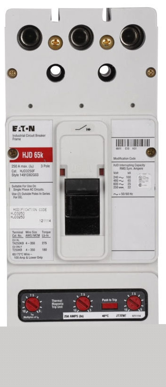 Eaton HJD3175 HJD3175 Eaton - Eaton Series C complete molded case circuit breaker, J-frame, HJD, Fixed thermal, Fixed magnetic trip, Three-pole, 175 A, 600 Vac, 250 Vdc, 100 kAIC at 240 Vac, 65 kAIC at 480 Vac, Aluminum, Line and load, 50/60 Hz Eaton HJD3175 HJD3175 Eaton - Eaton Series C complete molded case circuit breaker, J-frame, HJD, Fixed thermal, Fixed magnetic trip, Three-pole, 175 A, 600 Vac, 250 Vdc, 100 kAIC at 240 Vac, 65 kAIC at 480 Vac, Aluminum, Line and load, 50/60 Hz