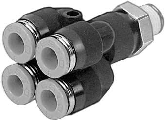 Festo 153207 multiple distributor QSQ-1/4-4 360° orientable, 4 outlets. Size: Standard, Nominal size: 2,6 mm, Type of seal on screw-in stud: coating, Assembly position: Any, Design structure: Push/pull principle Festo 153207 multiple distributor QSQ-1/4-4 360° orientable, 4 outlets. Size: Standard, Nominal size: 2,6 mm, Type of seal on screw-in stud: coating, Assembly position: Any, Design structure: Push/pull principle