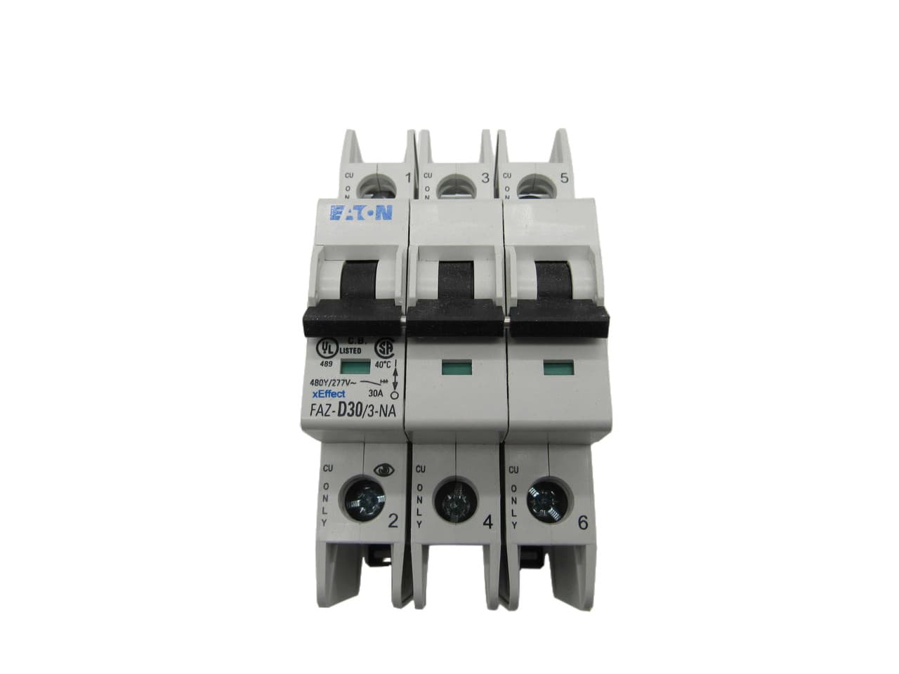 Eaton FAZ-D30/3-NA 277/480 VAC 50/60 Hz, 30 A, 3-Pole, 10/14 kA, 10 to 20 x Rated Current, Screw Terminal, DIN Rail Mount, Standard Packaging, D-Curve, Current Limiting, Thermal Magnetic Eaton FAZ-D30/3-NA 277/480 VAC 50/60 Hz, 30 A, 3-Pole, 10/14 kA, 10 to 20 x Rated Current, Screw Terminal, DIN Rail Mount, Standard Packaging, D-Curve, Current Limiting, Thermal Magnetic