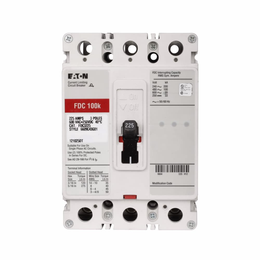 Eaton FDC3125S Eaton Series C complete molded case circuit breaker, F-frame, FDC, Fixed thermal, fixed magnetic trip, Three-pole, 125A, 600 Vac, 250 Vdc, 200 kAIC at 240 Vac, 100 kAIC at 480 Vac, Stainless steel, Load side, 50/60 Hz Eaton FDC3125S Eaton Series C complete molded case circuit breaker, F-frame, FDC, Fixed thermal, fixed magnetic trip, Three-pole, 125A, 600 Vac, 250 Vdc, 200 kAIC at 240 Vac, 100 kAIC at 480 Vac, Stainless steel, Load side, 50/60 Hz