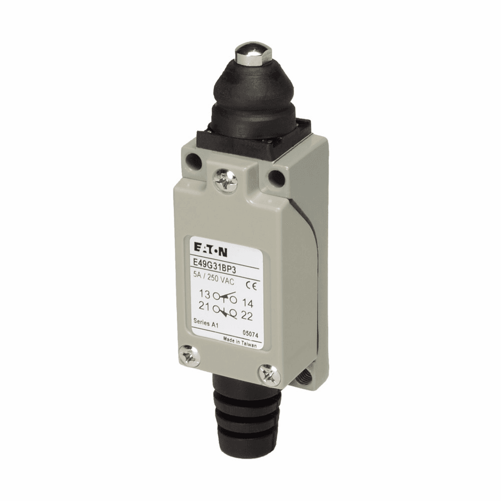 Eaton E49G31BP3 E49G31BP3 Eaton - Mini Complete Limit Switch, E49, Top pushbutton, Screw Terminals, 5A at 250 Vac, 5A at 30 Vdc, 5 mm-50 cm/s, 1NO-1NC Eaton E49G31BP3 E49G31BP3 Eaton - Mini Complete Limit Switch, E49, Top pushbutton, Screw Terminals, 5A at 250 Vac, 5A at 30 Vdc, 5 mm-50 cm/s, 1NO-1NC