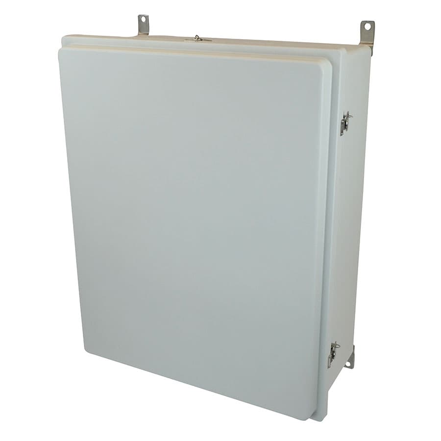 Allied Moulded Products AM30248RT 30"x24"x8" Control Series fiberglass wall mount enclosure assembly with raised hinged cover and stainless-steel twist latches Allied Moulded Products AM30248RT 30"x24"x8" Control Series fiberglass wall mount enclosure assembly with raised hinged cover and stainless-steel twist latches
