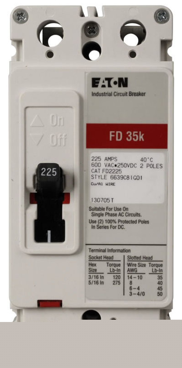 Eaton FD2035 FD2035 Eaton - Eaton Series C complete molded case circuit breaker, F-frame, FD, Complete breaker, Fixed thermal, Fixed magnetic trip type, Two-pole, 35 A, 600 Vac, 250 Vdc, 65 kAIC at 240 Vac, 35 kAIC at 480 Vac, Load side, 50/60 Hz Eaton FD2035 FD2035 Eaton - Eaton Series C complete molded case circuit breaker, F-frame, FD, Complete breaker, Fixed thermal, Fixed magnetic trip type, Two-pole, 35 A, 600 Vac, 250 Vdc, 65 kAIC at 240 Vac, 35 kAIC at 480 Vac, Load side, 50/60 Hz