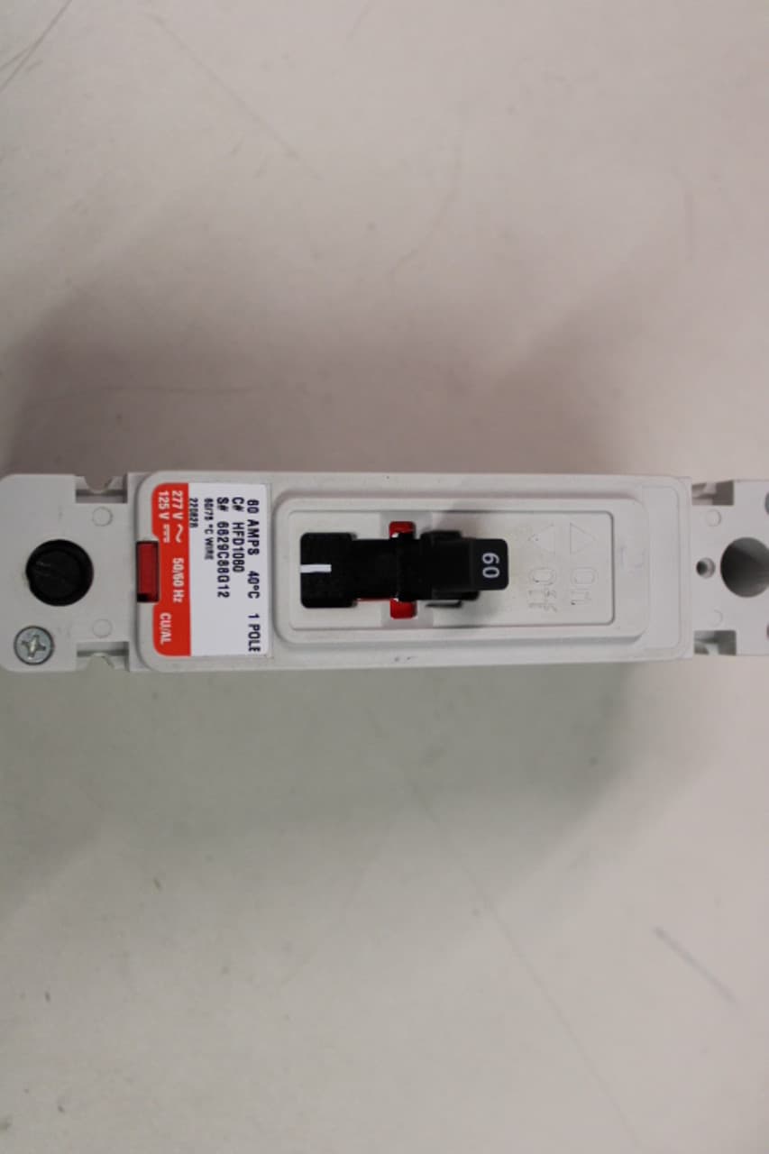 Eaton HFD1060 HFD1060 Eaton - Eaton Series C complete molded case circuit breaker, F-frame, HFD, Complete breaker, Fixed thermal, fixed magnetic trip type, Single-pole, 60A, 347 Vac, 125 Vdc, 100 kAIC at 240 Vac, 65 kAIC at 480 Vac, Load side, 50/60 Hz Eaton HFD1060 HFD1060 Eaton - Eaton Series C complete molded case circuit breaker, F-frame, HFD, Complete breaker, Fixed thermal, fixed magnetic trip type, Single-pole, 60A, 347 Vac, 125 Vdc, 100 kAIC at 240 Vac, 65 kAIC at 480 Vac, Load side, 50/60 Hz