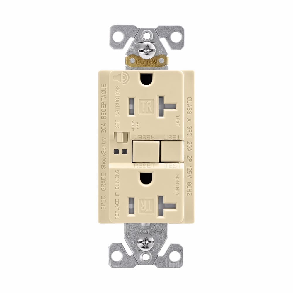 Eaton TRSGFA20V Eaton GFCI receptacle,Audible alarm,Tamper resistant,Self-test,#14 - 10 AWG,20A,Residential,Commercial,Flush,125 V,GFCI,Back and side wire,Ivory,Brass,Receptacle,Tamper resistant,Polycarbonate,5-20R,Two-pole, three-wire, grounding Eaton TRSGFA20V Eaton GFCI receptacle,Audible alarm,Tamper resistant,Self-test,#14 - 10 AWG,20A,Residential,Commercial,Flush,125 V,GFCI,Back and side wire,Ivory,Brass,Receptacle,Tamper resistant,Polycarbonate,5-20R,Two-pole, three-wire, grounding