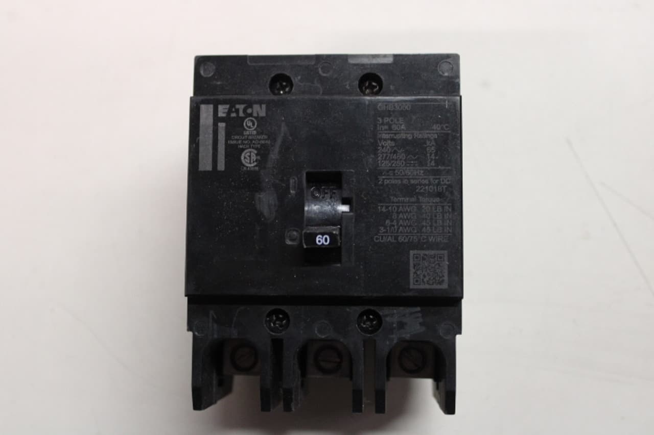 Eaton GHB3060 GHB3060 Eaton - Eaton Series C complete molded case circuit breaker, G-frame, GHB, Complete breaker, Fixed thermal, Fixed magnetic trip type, Three-pole, 60 A, 480Y/277 Vac, 125/250 Vdc, 50/60 Hz Eaton GHB3060 GHB3060 Eaton - Eaton Series C complete molded case circuit breaker, G-frame, GHB, Complete breaker, Fixed thermal, Fixed magnetic trip type, Three-pole, 60 A, 480Y/277 Vac, 125/250 Vdc, 50/60 Hz
