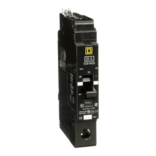Schneider Electric EDB14025 Square D by Schneider Electric EDB14025 is a Miniature Circuit Breaker (MCB) designed for bolt-on mounting with a visual trip indicator. It features lugs type terminals and is rated for 277V AC. This MCB offers short-circuit and overload protection, functioning as both an Equipment Protection Device (EPD) and a Circuit Breaker (CB) with a breaking capacity code D. It utilizes an aluminium lugs connection and supports a rated current of 25A across 1 Pole(s). The cross-section compatibility is 14-6AWG for a single copper cable. Its short circuit breaking rating is specified at 25kA for 120Vac, 18kA for 240Vac, and 18kA for 277Vac. The EDB14025 employs a thermal-magnetic trip unit with protection settings at a trip unit rating of 875A. Schneider Electric EDB14025 Square D by Schneider Electric EDB14025 is a Miniature Circuit Breaker (MCB) designed for bolt-on mounting with a visual trip indicator. It features lugs type terminals and is rated for 277V AC. This MCB offers short-circuit and overload protection, functioning as both an Equipment Protection Device (EPD) and a Circuit Breaker (CB) with a breaking capacity code D. It utilizes an aluminium lugs connection and supports a rated current of 25A across 1 Pole(s). The cross-section compatibility is 14-6AWG for a single copper cable. Its short circuit breaking rating is specified at 25kA for 120Vac, 18kA for 240Vac, and 18kA for 277Vac. The EDB14025 employs a thermal-magnetic trip unit with protection settings at a trip unit rating of 875A.