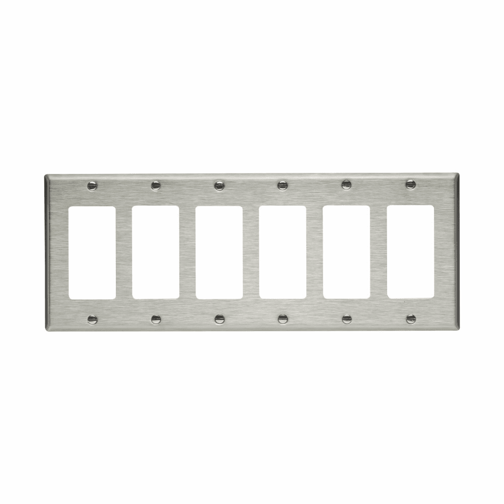 Eaton 93406-BOX 93406-BOX Eaton - Eaton Decorator / GFCI wallplate, Stainless steel, Decorator Cutout, Stainless steel, 6-Gang, Standard, ED Box Eaton 93406-BOX 93406-BOX Eaton - Eaton Decorator / GFCI wallplate, Stainless steel, Decorator Cutout, Stainless steel, 6-Gang, Standard, ED Box