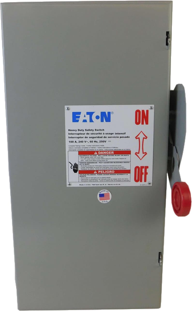 Eaton DH223FGK DH223FGK Eaton - Eaton Heavy duty single-throw fused safety switch, Enhanced visible blade, 100 A, NEMA 1, Painted steel, Two-pole, Two-wire, 240 V, Max Hp: 7.5, 15 hp/15, 30 hp/20 hp (1,3PH @ Std fuse/time delay/250 Vdc), #14-#1/0 Cu/Al Eaton DH223FGK DH223FGK Eaton - Eaton Heavy duty single-throw fused safety switch, Enhanced visible blade, 100 A, NEMA 1, Painted steel, Two-pole, Two-wire, 240 V, Max Hp: 7.5, 15 hp/15, 30 hp/20 hp (1,3PH @ Std fuse/time delay/250 Vdc), #14-#1/0 Cu/Al