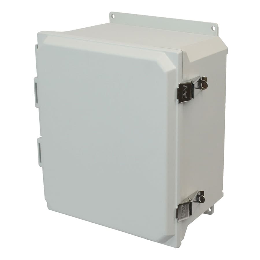 Allied Moulded Products AMU1648LF 16"x14"x8" ULTRALINE® fiberglass wall mount enclosure assembly with hinged cover and stainless-steel snap latch Allied Moulded Products AMU1648LF 16"x14"x8" ULTRALINE® fiberglass wall mount enclosure assembly with hinged cover and stainless-steel snap latch