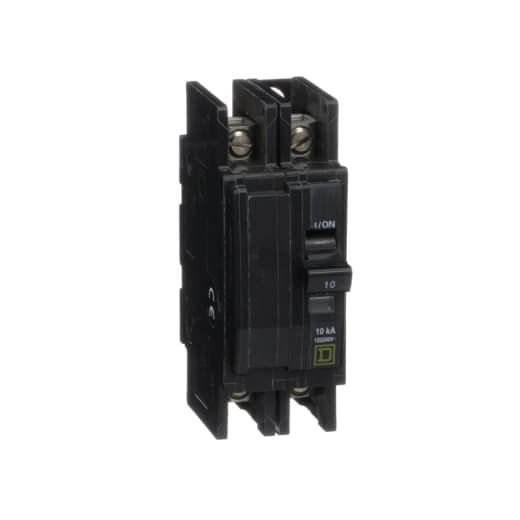 Schneider Electric QOU210 Square D by Schneider Electric QOU210 is a unit-mount Miniature Circuit Breaker (MCB) designed for securing electrical circuits. It features a 2-pole configuration and is capable of handling a rated current of 10A. This MCB is equipped with slotted box lugs connections for both load and line sides, facilitating straightforward installation. It supports a cross-section of 14-2AWG for a single aluminum or copper cable. The QOU210 is versatile in its application, with a rated voltage of 48Vdc for direct current systems and 120V to 240V for alternating current systems. Its short circuit breaking rating stands at 10kA when operating at 240Vac. The type of terminals used in this MCB are box lugs, ensuring a secure and reliable connection. Schneider Electric QOU210 Square D by Schneider Electric QOU210 is a unit-mount Miniature Circuit Breaker (MCB) designed for securing electrical circuits. It features a 2-pole configuration and is capable of handling a rated current of 10A. This MCB is equipped with slotted box lugs connections for both load and line sides, facilitating straightforward installation. It supports a cross-section of 14-2AWG for a single aluminum or copper cable. The QOU210 is versatile in its application, with a rated voltage of 48Vdc for direct current systems and 120V to 240V for alternating current systems. Its short circuit breaking rating stands at 10kA when operating at 240Vac. The type of terminals used in this MCB are box lugs, ensuring a secure and reliable connection.