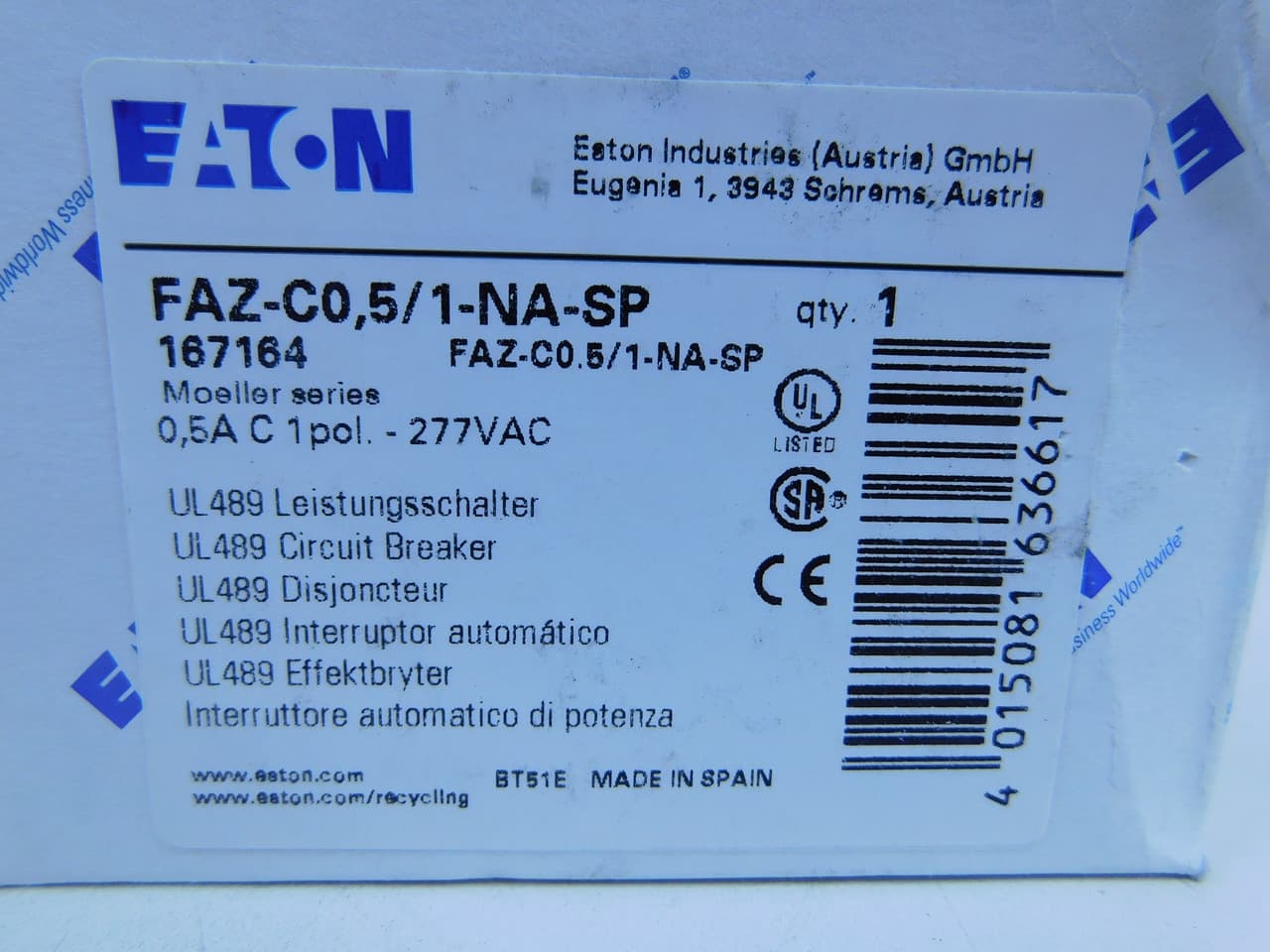 Eaton FAZ-C0.5/1-NA-SP Eaton FAZ branch protector,UL 489 Industrial miniature circuit breaker - supplementary protector,Single package,Medium levels of inrush current are expected,0.5 A,10 kAIC,Single-pole,277 V,5-10X /n,Q38,50-60 Hz,Screw terminals,C Curve Eaton FAZ-C0.5/1-NA-SP Eaton FAZ branch protector,UL 489 Industrial miniature circuit breaker - supplementary protector,Single package,Medium levels of inrush current are expected,0.5 A,10 kAIC,Single-pole,277 V,5-10X /n,Q38,50-60 Hz,Screw terminals,C Curve