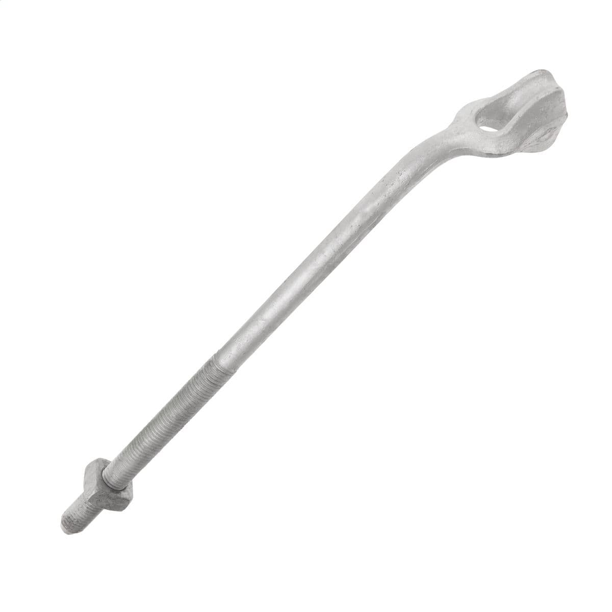Hubbell 5010 Angled thimbleye bolt, 5/8" diameter x 10" length, with 4" thread length and cone pointed end. Includes one square nut. Internal eye dimensions are 9/16" x 11/16". Rated tensile strength is 12,400 lbs. Hot dip galvanized per ASTM A-153. RUS listed, ao - B Hubbell 5010 Angled thimbleye bolt, 5/8" diameter x 10" length, with 4" thread length and cone pointed end. Includes one square nut. Internal eye dimensions are 9/16" x 11/16". Rated tensile strength is 12,400 lbs. Hot dip galvanized per ASTM A-153. RUS listed, ao - B