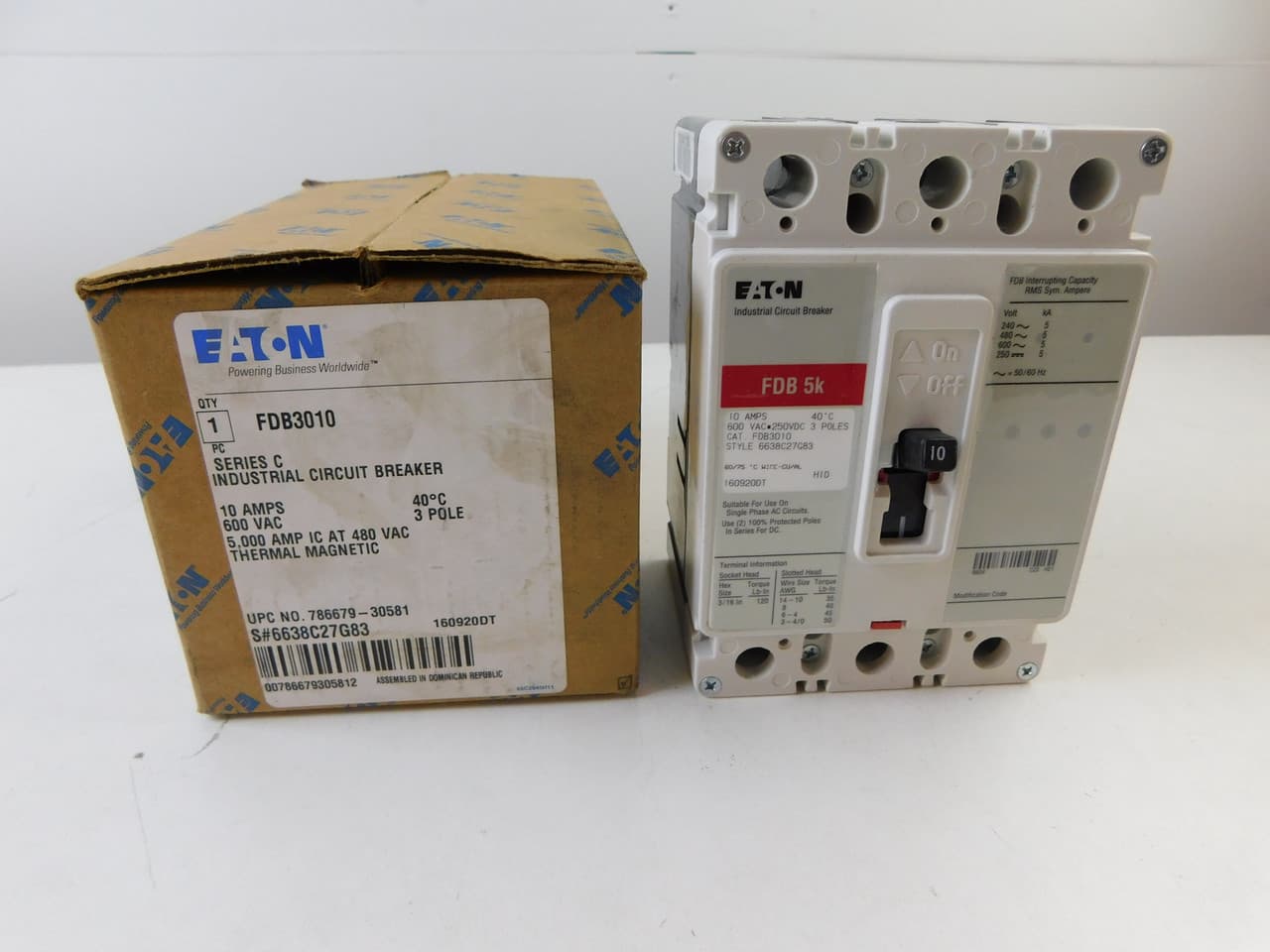 Eaton FDB3010 FDB3010 Eaton - Eaton Series C complete molded case circuit breaker, F-frame, FDB, Complete breaker, Fixed thermal, fixed magnetic trip type, Three-pole, 10A, 600 Vac, 250 Vdc, 18 kAIC at 240 Vac, 14 kAIC at 480 Vac, Load side, 50/60 Hz Eaton FDB3010 FDB3010 Eaton - Eaton Series C complete molded case circuit breaker, F-frame, FDB, Complete breaker, Fixed thermal, fixed magnetic trip type, Three-pole, 10A, 600 Vac, 250 Vdc, 18 kAIC at 240 Vac, 14 kAIC at 480 Vac, Load side, 50/60 Hz
