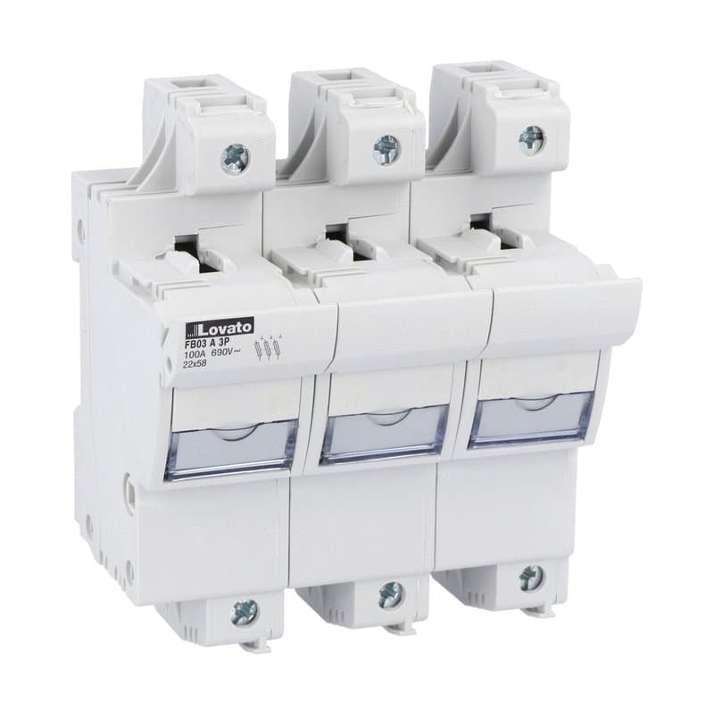 Lovato Electric FB03A3P FB03A3P Lovato - Fuse holder UL recognized and CSA certified, for 22X58mm fuses. 100A/125A rated current at 690VAC, 3P. Without status indicator. 3 modules Lovato Electric FB03A3P FB03A3P Lovato - Fuse holder UL recognized and CSA certified, for 22X58mm fuses. 100A/125A rated current at 690VAC, 3P. Without status indicator. 3 modules
