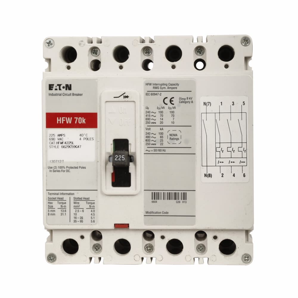 Eaton HFWF4016L Eaton Series C complete molded case circuit breaker, F-Frame, HFWF, Complete breaker, Fixed thermal, fixed magnetic trip type, Four-pole, 16A, 240 Vac, 70 kAIC at 240 Vac, Line and load Eaton HFWF4016L Eaton Series C complete molded case circuit breaker, F-Frame, HFWF, Complete breaker, Fixed thermal, fixed magnetic trip type, Four-pole, 16A, 240 Vac, 70 kAIC at 240 Vac, Line and load