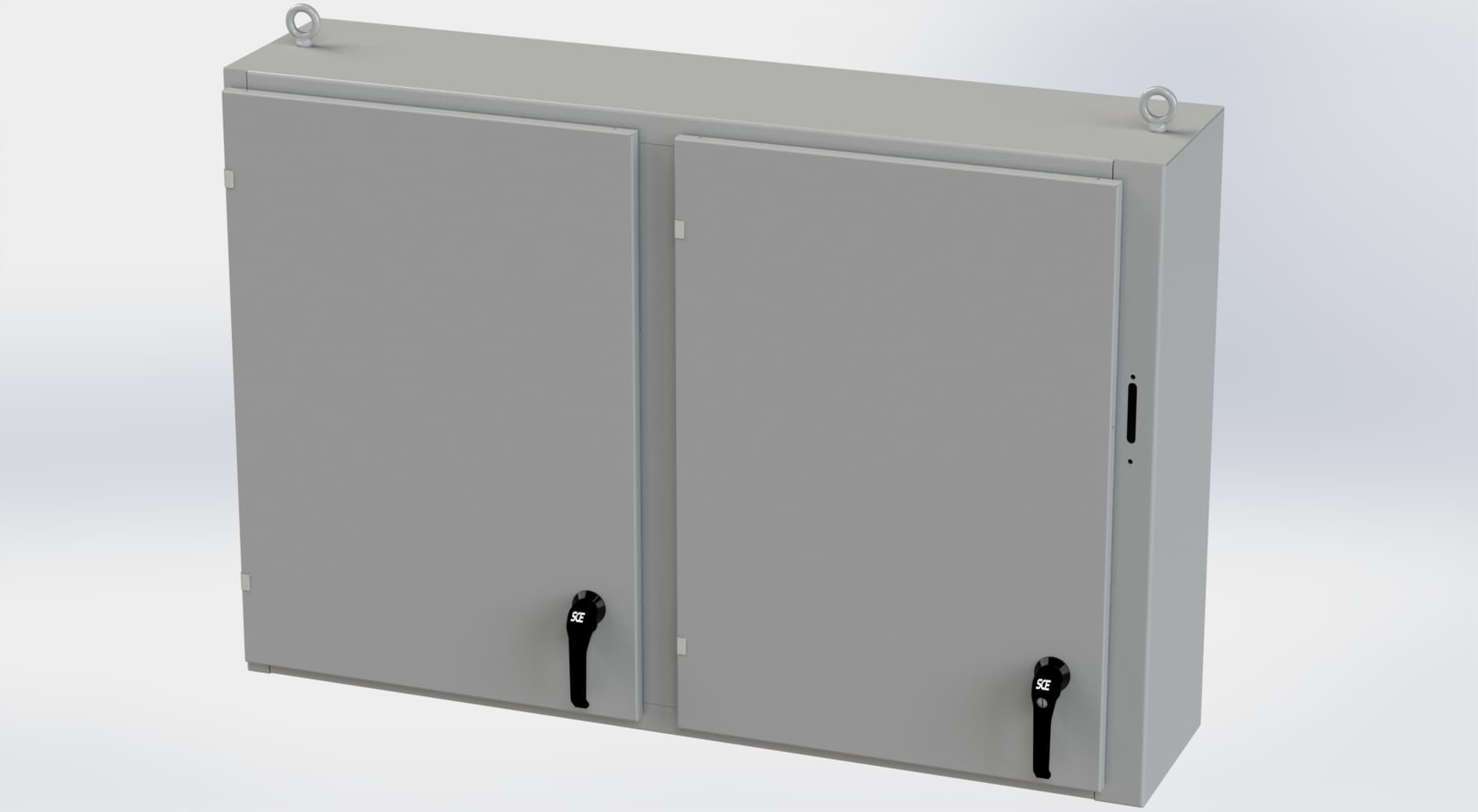 Saginaw Control SCE-36X2D5412 2DR Disc. Enclosure, Height:36.00", Width:53.75", Depth:12.00", ANSI-61 gray powder coating inside and out. Optional sub-panels are powder coated white. Saginaw Control SCE-36X2D5412 2DR Disc. Enclosure, Height:36.00", Width:53.75", Depth:12.00", ANSI-61 gray powder coating inside and out. Optional sub-panels are powder coated white.