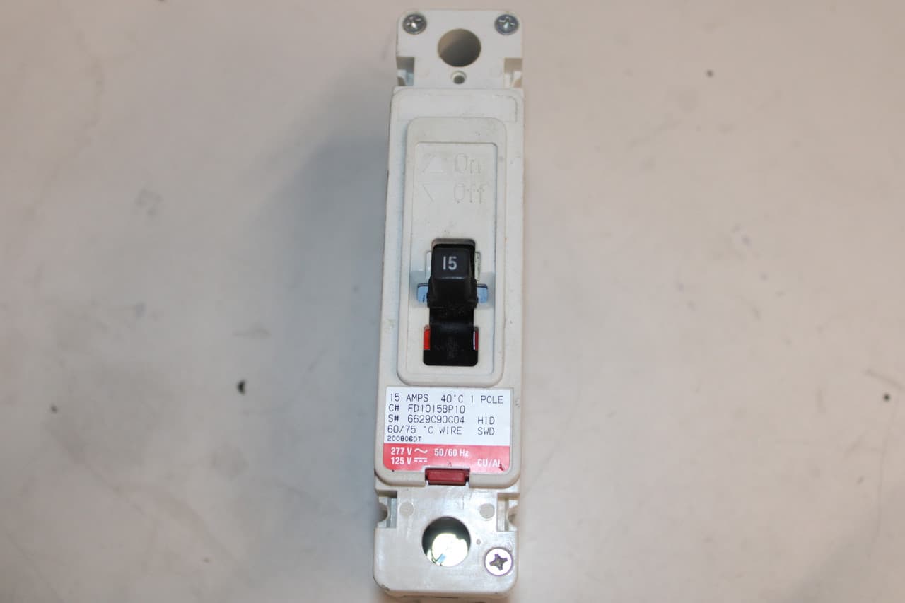 Eaton FD1015 FD1015 Eaton - Eaton Series C complete molded case circuit breaker, F-frame, FD, Complete breaker, Fixed thermal, Fixed magnetic trip type, Single-pole, 15 A, 347 Vac, 125 Vdc, 35 kAIC at 277 Vac, 18 kAIC at 347 Vac, Load side, 50/60 Hz Eaton FD1015 FD1015 Eaton - Eaton Series C complete molded case circuit breaker, F-frame, FD, Complete breaker, Fixed thermal, Fixed magnetic trip type, Single-pole, 15 A, 347 Vac, 125 Vdc, 35 kAIC at 277 Vac, 18 kAIC at 347 Vac, Load side, 50/60 Hz