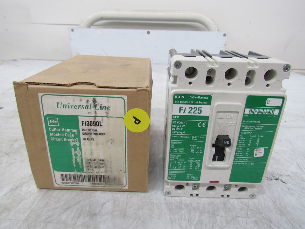 Eaton FI3090L FI3090L Eaton - Eaton Series C complete molded case circuit breaker, F-frame, FI, Complete breaker, Thermal-magnetic trip type, Three-pole, 90A, 480 Vac, 14 kAIC at 480 Vac, Line and load, International Eaton FI3090L FI3090L Eaton - Eaton Series C complete molded case circuit breaker, F-frame, FI, Complete breaker, Thermal-magnetic trip type, Three-pole, 90A, 480 Vac, 14 kAIC at 480 Vac, Line and load, International