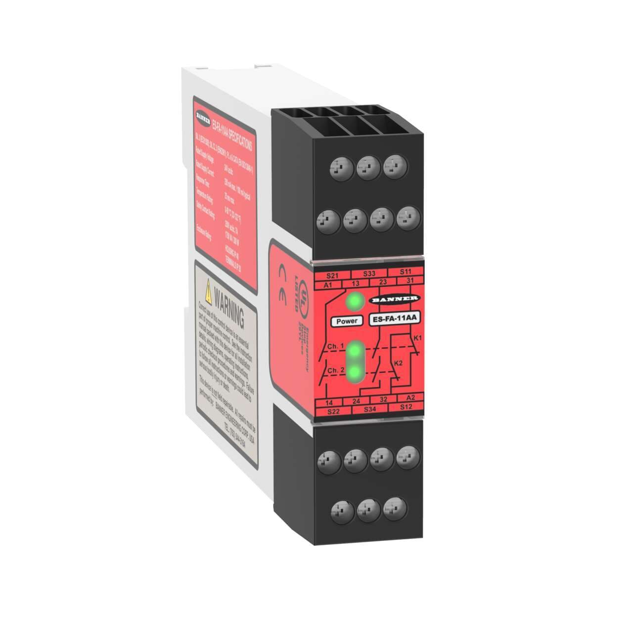 Banner ES-FA-11AA Safety Relay Module for E-Stop/Rope Pull/Interlock; Supply Voltage: 24 V ac/dc; Safety Input: 1 Dual/Single Channel; Safety Output: 2 NO, 7 A; Aux Output: 1 NC, 7 A; Terminal Block: Removable; Width: 22.5 mm; Self-Checking Circuitry, Auto/Manual Reset Banner ES-FA-11AA Safety Relay Module for E-Stop/Rope Pull/Interlock; Supply Voltage: 24 V ac/dc; Safety Input: 1 Dual/Single Channel; Safety Output: 2 NO, 7 A; Aux Output: 1 NC, 7 A; Terminal Block: Removable; Width: 22.5 mm; Self-Checking Circuitry, Auto/Manual Reset