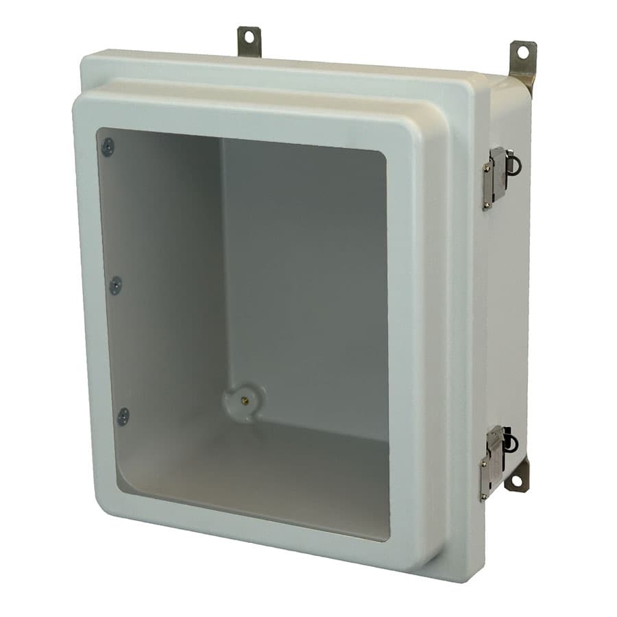 Allied Moulded Products AM1426RLW 14"x12"x6" AM-R Series fiberglass wall mount enclosure assembly with raised hinged window cover and stainless-steel snap latch Allied Moulded Products AM1426RLW 14"x12"x6" AM-R Series fiberglass wall mount enclosure assembly with raised hinged window cover and stainless-steel snap latch