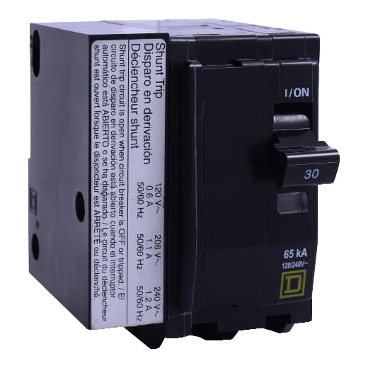 Schneider Electric QO2301021 Square D by Schneider Electric QO2301021 is a Miniature Circuit Breaker (MCB) featuring a shunt trip coil. It is designed for plug-in mounting and supports a plug-in connection type. This MCB is rated for a current of 30A and can accommodate a wire cross-section of 14-8AWG for one aluminum or copper cable. It is a 2-pole device, compatible with both AC and DC circuits, having rated voltages of 120V to 240V AC and 48V DC. The control voltage ranges from 120Vac to 208Vac. It offers a short circuit breaking rating of 10kA at 240Vac and 5kA at 48Vdc. The terminals are of the press plate type. Schneider Electric QO2301021 Square D by Schneider Electric QO2301021 is a Miniature Circuit Breaker (MCB) featuring a shunt trip coil. It is designed for plug-in mounting and supports a plug-in connection type. This MCB is rated for a current of 30A and can accommodate a wire cross-section of 14-8AWG for one aluminum or copper cable. It is a 2-pole device, compatible with both AC and DC circuits, having rated voltages of 120V to 240V AC and 48V DC. The control voltage ranges from 120Vac to 208Vac. It offers a short circuit breaking rating of 10kA at 240Vac and 5kA at 48Vdc. The terminals are of the press plate type.