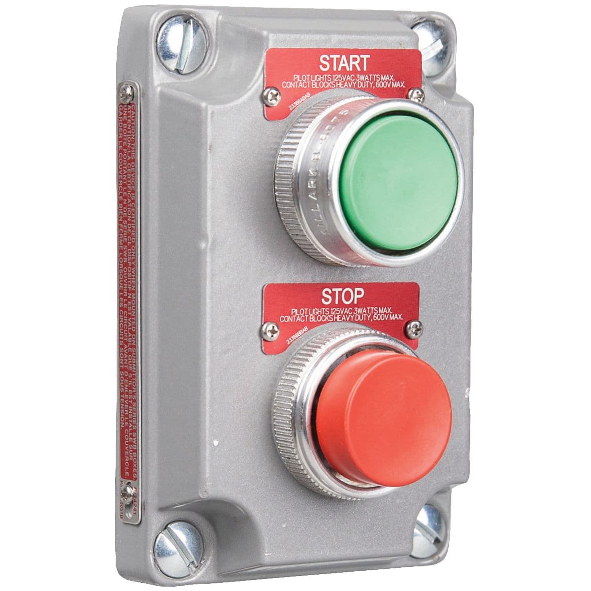 Hubbell XCS-0B4-U XCS Series - Aluminum Momentary Contact Double Push Button Cover With Device - Green Button With "Start" Nameplate - Red Button With "Stop"Nameplate - 2NO/2NC Contact Rating ; Copper free cast aluminum alloy. ; Ground flange joint between bolted cover an Hubbell XCS-0B4-U XCS Series - Aluminum Momentary Contact Double Push Button Cover With Device - Green Button With "Start" Nameplate - Red Button With "Stop"Nameplate - 2NO/2NC Contact Rating ; Copper free cast aluminum alloy. ; Ground flange joint between bolted cover an