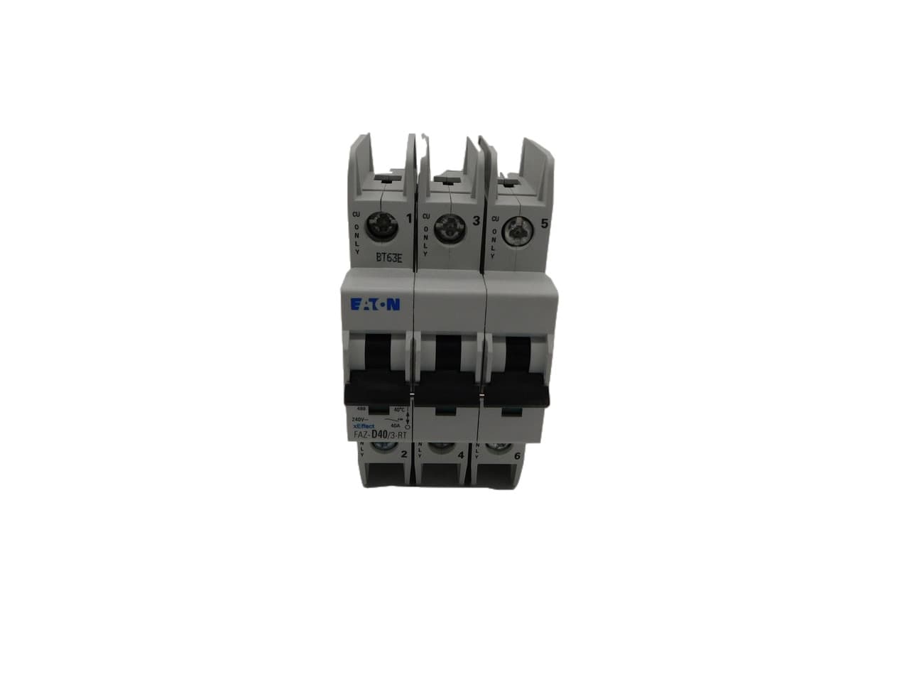 Eaton FAZ-D40/3-RT 277/480 VAC 50/60 Hz, 40 A, 3-Pole, 10/14 kA, 10 to 20 x Rated Current, Ring Tongue Terminal, DIN Rail Mount, Standard Packaging, D-Curve, Current Limiting, Thermal Magnetic Eaton FAZ-D40/3-RT 277/480 VAC 50/60 Hz, 40 A, 3-Pole, 10/14 kA, 10 to 20 x Rated Current, Ring Tongue Terminal, DIN Rail Mount, Standard Packaging, D-Curve, Current Limiting, Thermal Magnetic