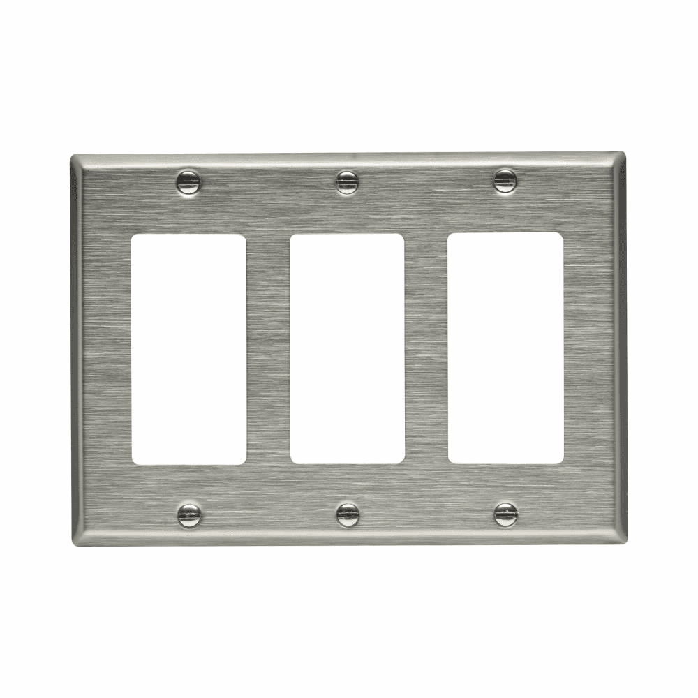 Eaton 93403-BOX 93403-BOX Eaton - Eaton Decorator / GFCI wallplate, Stainless steel, Decorator Cutout, Stainless steel, Three- gang, Standard, ED Box Eaton 93403-BOX 93403-BOX Eaton - Eaton Decorator / GFCI wallplate, Stainless steel, Decorator Cutout, Stainless steel, Three- gang, Standard, ED Box