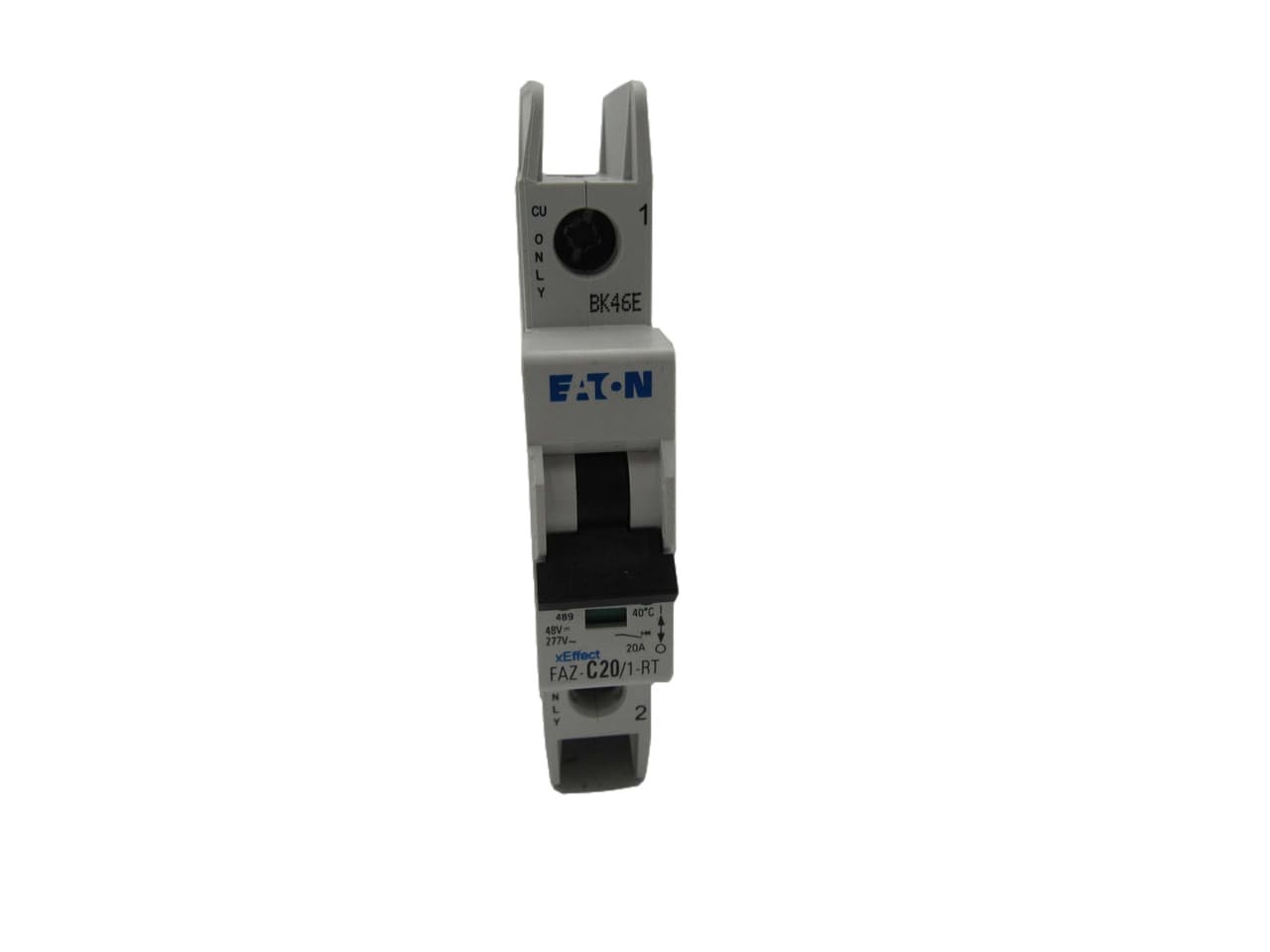 Eaton FAZ-C20/1-RT-SP 277/480 VAC 50/60 Hz, 20 A, 1-Pole, 10/14 kA, 5 to 10 x Rated Current, Ring Tongue Terminal, DIN Rail Mount, Single Packaging, C-Curve, Current Limiting, Thermal Magnetic Eaton FAZ-C20/1-RT-SP 277/480 VAC 50/60 Hz, 20 A, 1-Pole, 10/14 kA, 5 to 10 x Rated Current, Ring Tongue Terminal, DIN Rail Mount, Single Packaging, C-Curve, Current Limiting, Thermal Magnetic