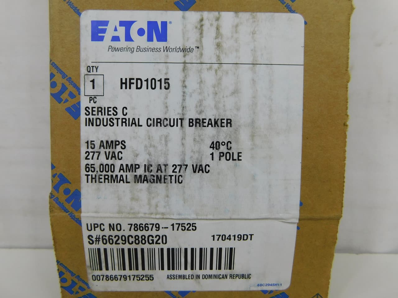 Eaton HFD1015 HFD1015 Eaton - Eaton Series C complete molded case circuit breaker, F-frame, HFD, Complete breaker, Fixed thermal, Fixed magnetic trip type, Single-pole, 15 A, 347 Vac, 125 Vdc, 100 kAIC at 240 Vac, 65 kAIC at 480 Vac, Load side, 50/60 Hz Eaton HFD1015 HFD1015 Eaton - Eaton Series C complete molded case circuit breaker, F-frame, HFD, Complete breaker, Fixed thermal, Fixed magnetic trip type, Single-pole, 15 A, 347 Vac, 125 Vdc, 100 kAIC at 240 Vac, 65 kAIC at 480 Vac, Load side, 50/60 Hz