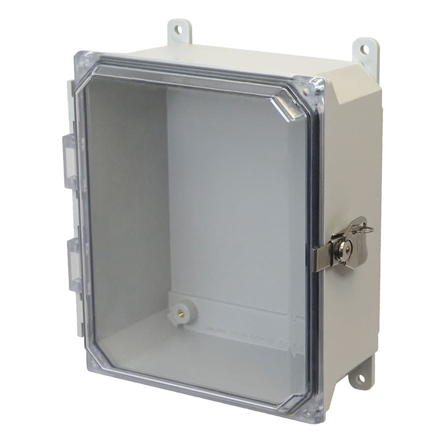 Allied Moulded Products AMU864CCT 8"x6"x4" ULTRALINE® fiberglass wall mount enclosure assembly with hinged clear cover and stainless-steel twist latch Allied Moulded Products AMU864CCT 8"x6"x4" ULTRALINE® fiberglass wall mount enclosure assembly with hinged clear cover and stainless-steel twist latch