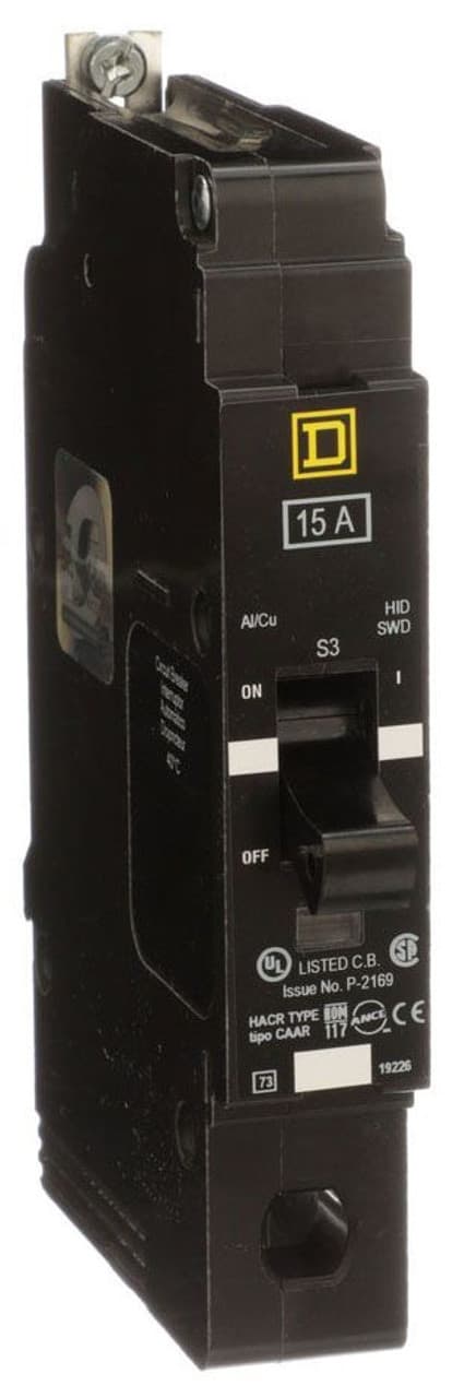 Schneider Electric EJB14015 Square D by Schneider Electric EJB14015 is a Miniature Circuit Breaker (MCB) designed for bolt-on mounting with a visual trip indicator. It features lugs type terminals and is rated for 277V AC. This MCB offers short-circuit and overload protection, functioning as both an Equipment Protection Device (EPD) and a Circuit Breaker (CB) with a breaking capacity code J. It supports an aluminium lugs connection and has a rated current of 15A. The EJB14015 is a single-pole device accommodating a cross-section of 14-6AWG for one copper cable. It has a short circuit breaking rating of 100kA at 120Vac, 65kA at 240Vac, and 65kA at 277Vac. The trip unit is thermal-magnetic with protection settings featuring a trip unit rating of 875A. Schneider Electric EJB14015 Square D by Schneider Electric EJB14015 is a Miniature Circuit Breaker (MCB) designed for bolt-on mounting with a visual trip indicator. It features lugs type terminals and is rated for 277V AC. This MCB offers short-circuit and overload protection, functioning as both an Equipment Protection Device (EPD) and a Circuit Breaker (CB) with a breaking capacity code J. It supports an aluminium lugs connection and has a rated current of 15A. The EJB14015 is a single-pole device accommodating a cross-section of 14-6AWG for one copper cable. It has a short circuit breaking rating of 100kA at 120Vac, 65kA at 240Vac, and 65kA at 277Vac. The trip unit is thermal-magnetic with protection settings featuring a trip unit rating of 875A.