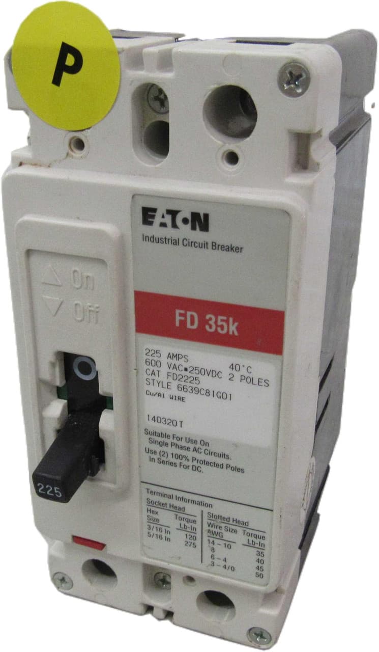 Eaton FD2225 FD2225 Eaton - Eaton Series C complete molded case circuit breaker, F-frame, FD, Complete breaker, Fixed thermal, Fixed magnetic trip type, Two-pole, 225 A, 600 Vac, 250 Vdc, 65 kAIC at 240 Vac, 35 kAIC at 480 Vac Eaton FD2225 FD2225 Eaton - Eaton Series C complete molded case circuit breaker, F-frame, FD, Complete breaker, Fixed thermal, Fixed magnetic trip type, Two-pole, 225 A, 600 Vac, 250 Vdc, 65 kAIC at 240 Vac, 35 kAIC at 480 Vac